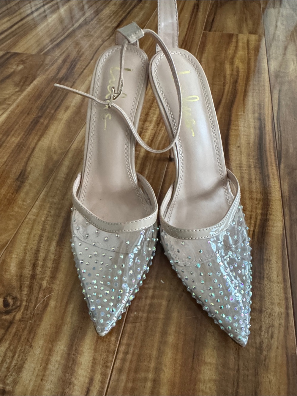 Lulu's Nude Embellished Pointed-Toe Ankle-Strap Heels
